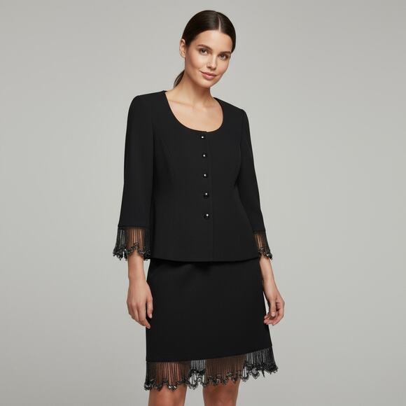 Escada Black Skirt Suit Lace Trim Size 44 EU 12 US - Picture 1 of 16